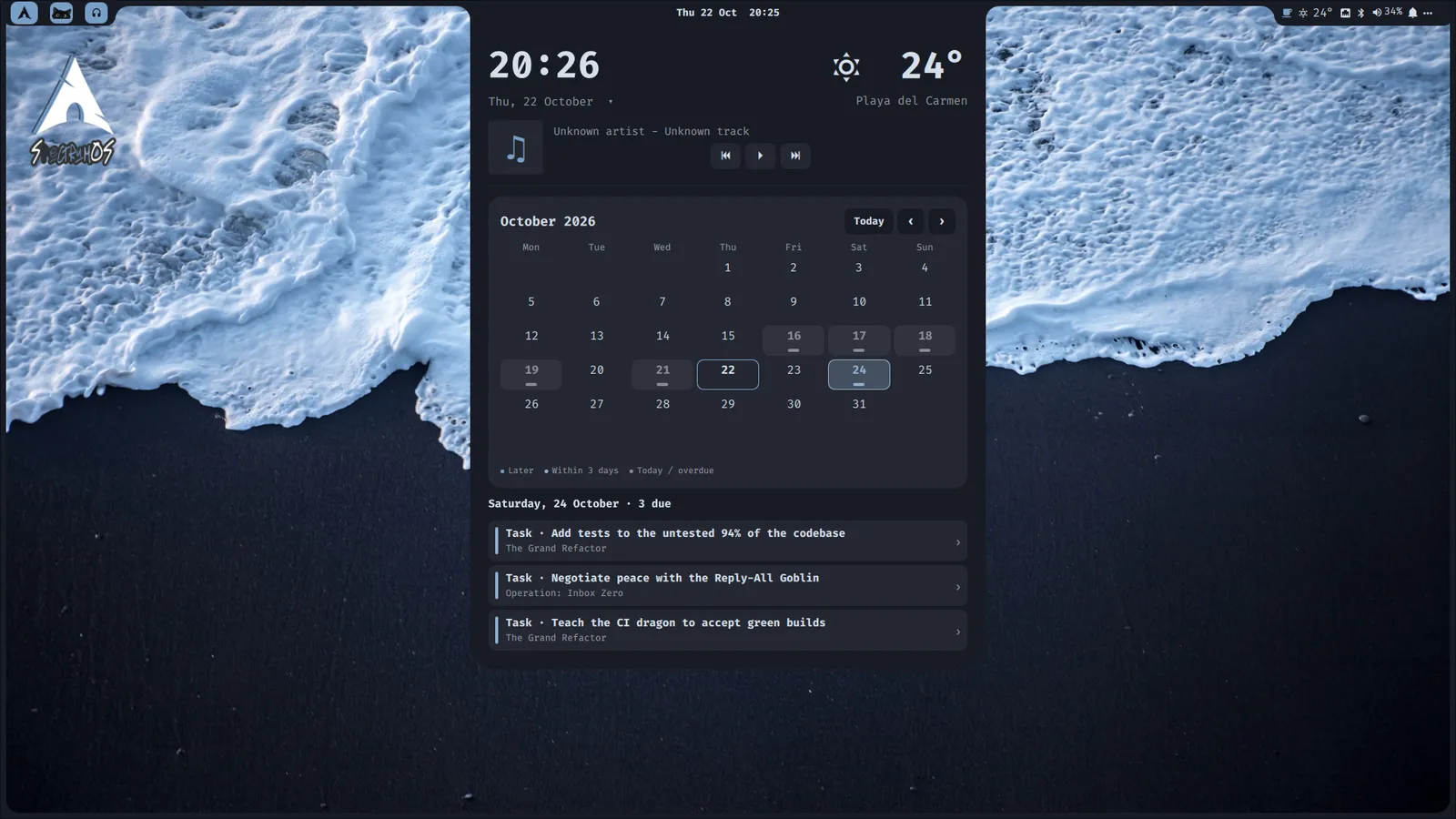 Dashboard de SpectrumOS con clima, una fecha seleccionada en el calendario y tres tareas de Questline por vencer