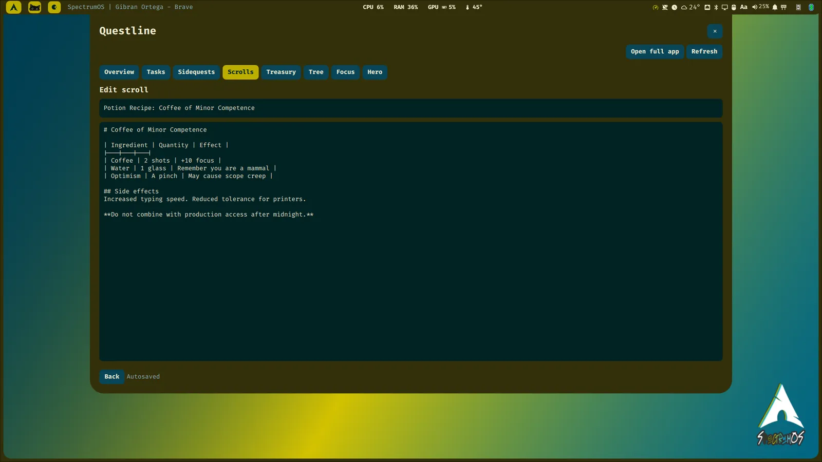 Widget de Questline en SpectrumOS editando un Pergamino con un proyecto seleccionado