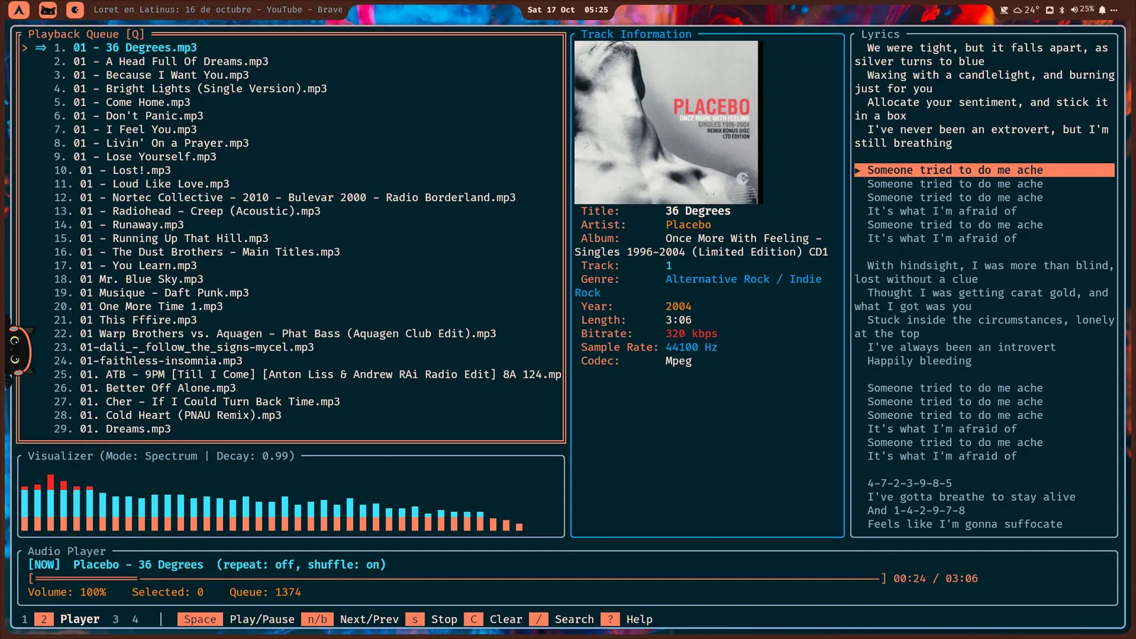 Reproductor Stash mostrando canciones, portada, letra y un visualizador de audio en SpectrumOS