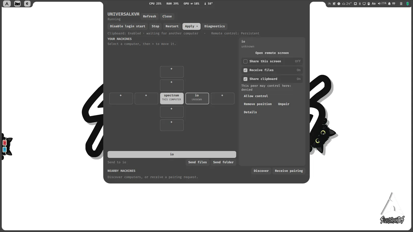Widget de UKVM en SpectrumOS mostrando equipos emparejados, su acomodo y estado de conexión
