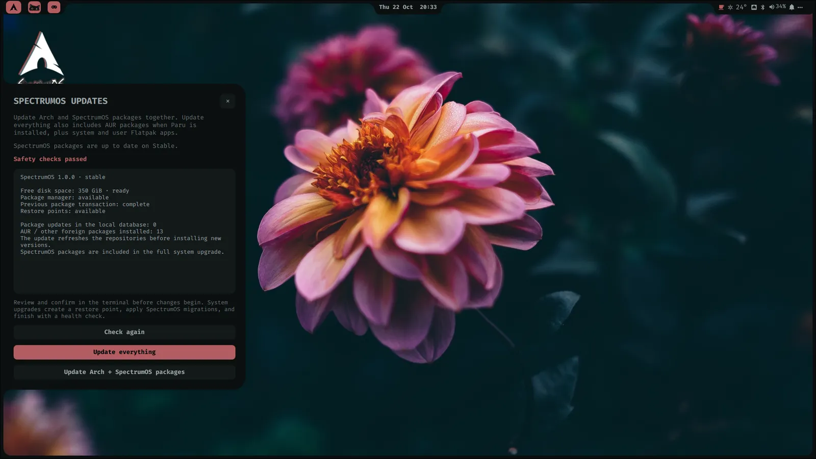 Widget de Actualizaciones de SpectrumOS con revisiones previas y acciones de actualización