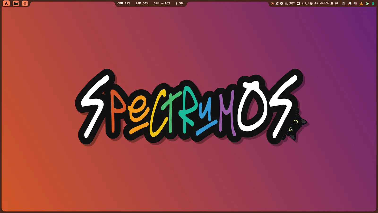 SpectrumOS con un fondo cálido y una barra en tonos naranja
