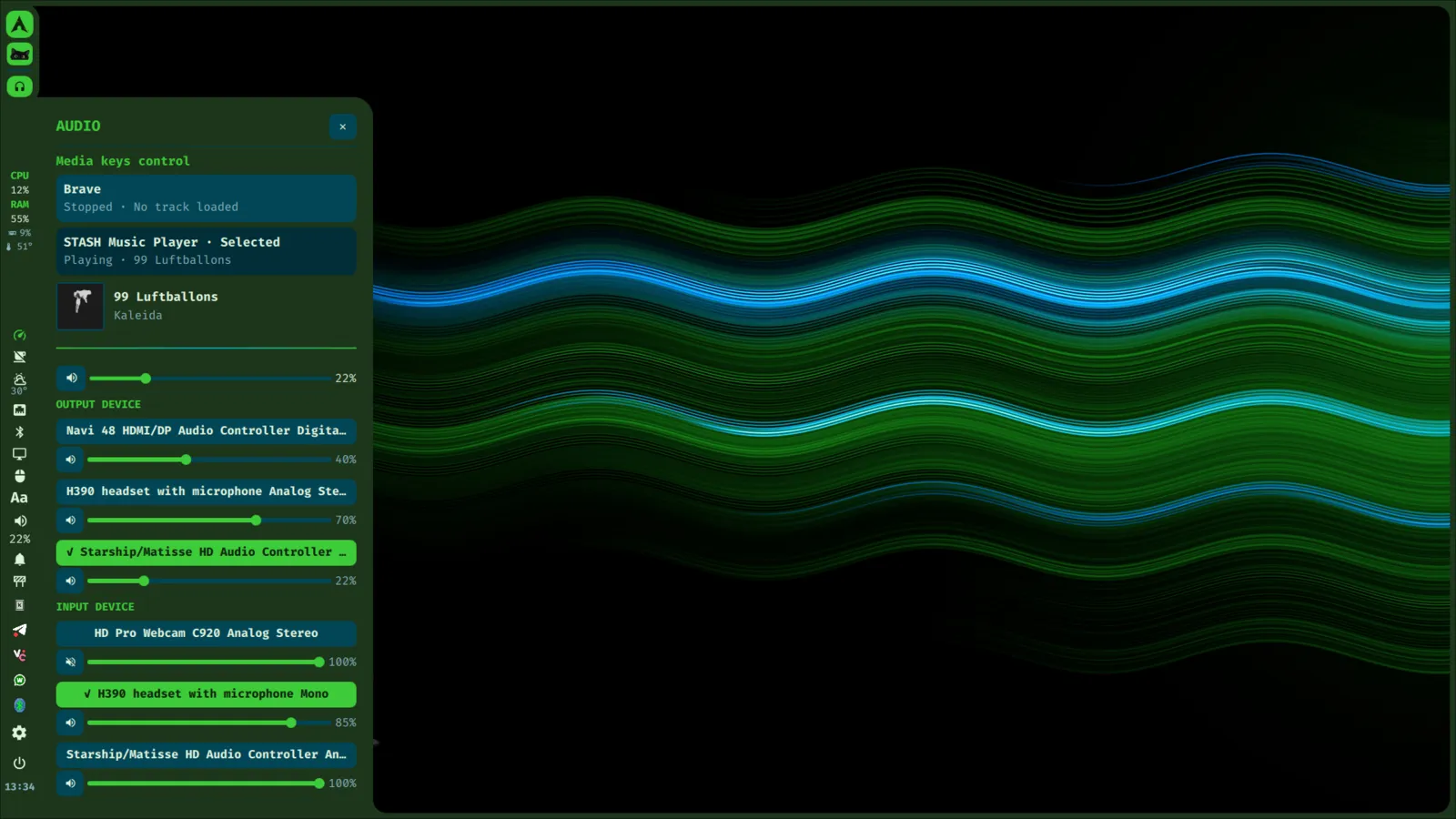 Escritorio de SpectrumOS con su barra y el widget de Audio mostrando los controles de sonido